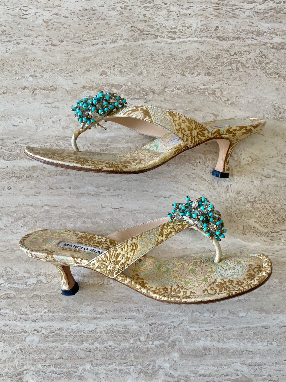 Vintage Manolo Blahnik Brocade Beaded Thong Sandal Heels - Picture 4 of 8